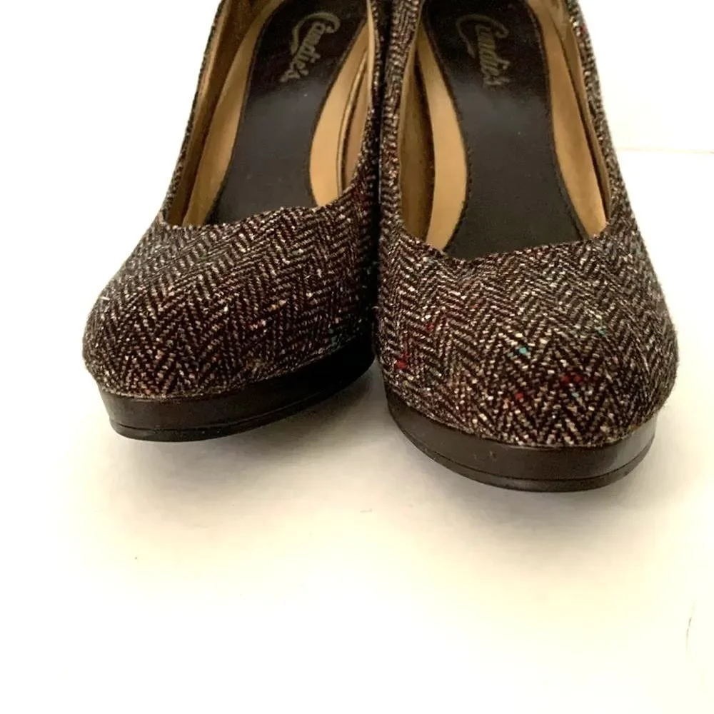 Candie's Women's Brown Beige Tweed Platform High Heeled Pumps Shoes Size 8.5M